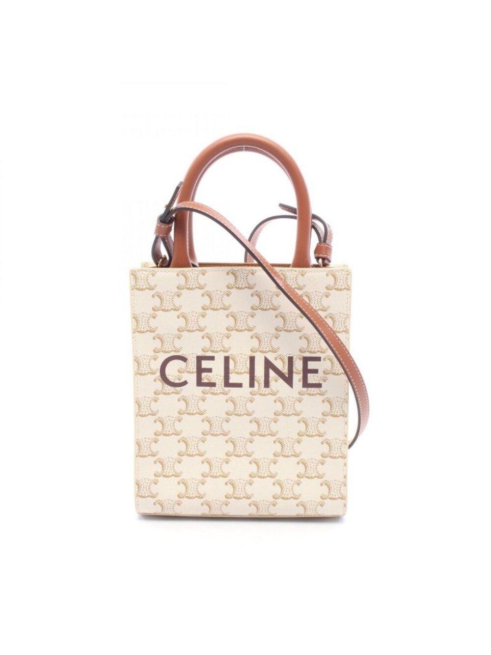 Celine Handbag Mini Vertical Cabas Triomphe 2-Way White Brown Leather